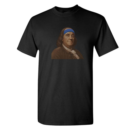 Ben Franklin Sweatband T-Shirt | Ben Franklin Sweat Band Black T-Shirt the front of this t-shirt has ben franklin with a sweatband