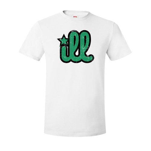 ILL Logo T-Shirt | ILL Logo White T-Shirt the front of this shirt has the green and black ill design on the front