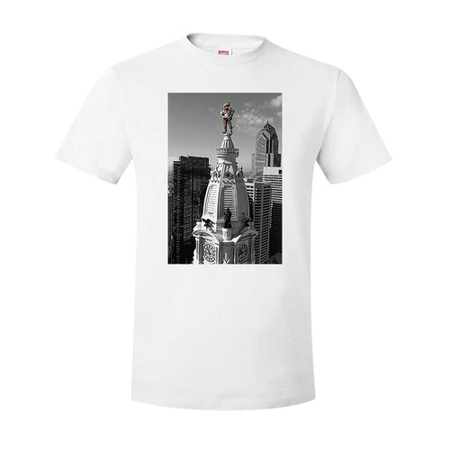 Jason Kelce City Hall T-Shirt | Kelce City Hall Statue White T-Shirt the front of this t-shirt has jason kelce on top of city hall