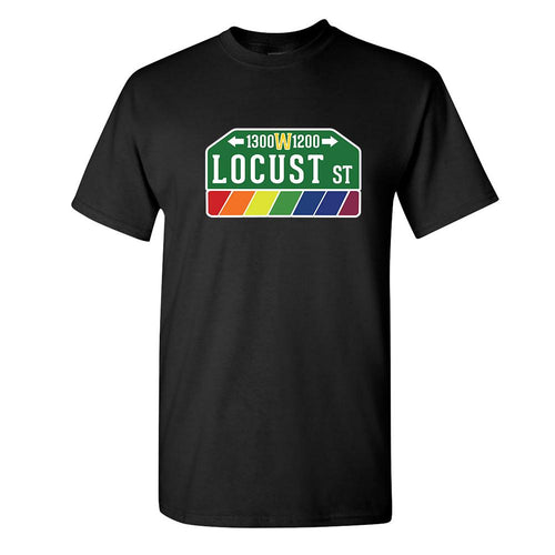 Locust Street T-Shirt | Locust Street Black T-Shirt the front of this t-shirt has the locust street sign