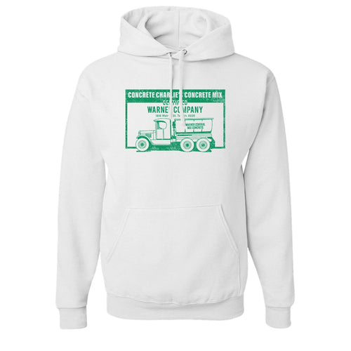Concrete Charlie's Pullover Hoodie | Chuck Bednarik's Concrete Mix White Pull Over Hoodie the front of this hoodie has the concrete company
