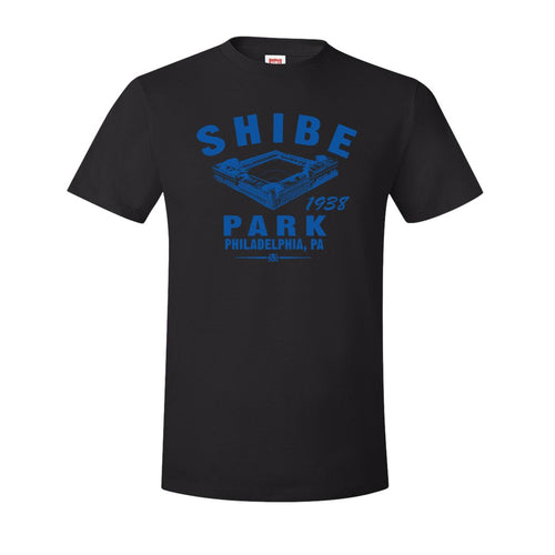 Shibe Park Retro T-Shirt | Shibe Park Vintage Black T-Shirt this shobe park t-shirt has the park in blue on the front