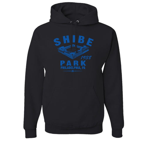 Shibe Park Retro Pullover Hoodie | Shibe Park Vintage Black Pull Over Hoodie the front of this shibe park hoodie has the stadium and text in blue along with the year the Baseball joined the stadium
