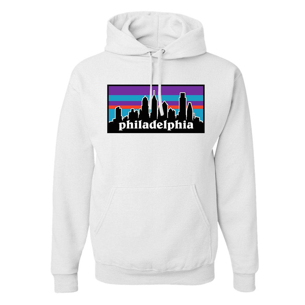 Philagonia Hoodie | Philagonia Skyline White Sweatshirt the front of this hoodie is the city skyline of philadelphia