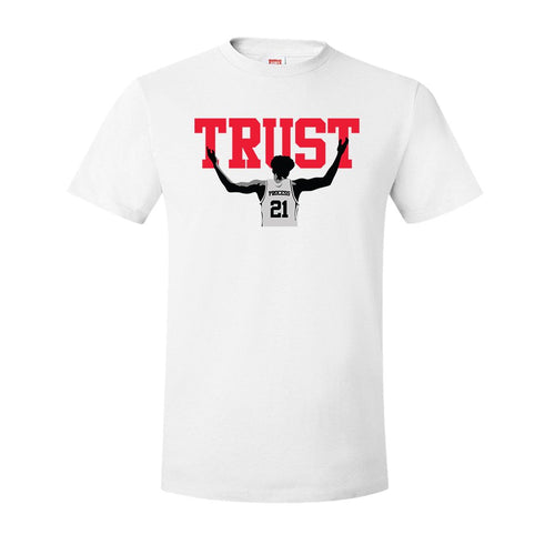 Trust The Process T-Shirt | The Process White T-Shirt the front of this trust shirt has the word trust and embiid below it on the front
