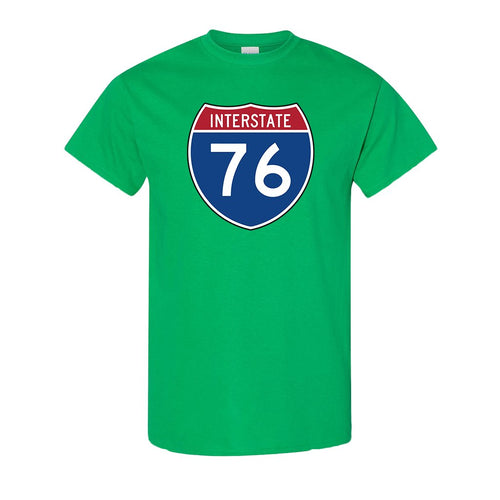 Interstate 76 T-Shirt | Interstate 76 Kelly Green T-Shirt the front of this shirt has the interstate 76 sign