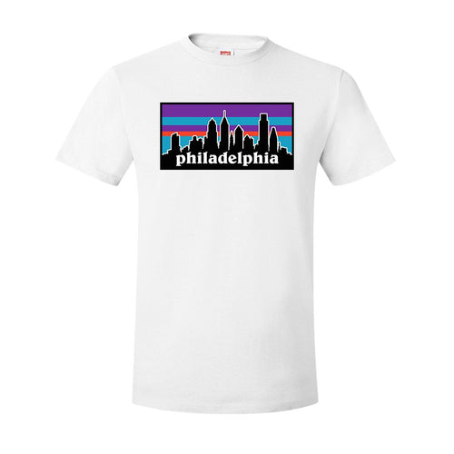 Philagonia T-Shirt | Philagonia Skyline White Tee Shirt the front of this t-shirt has the skyline of philadelphia