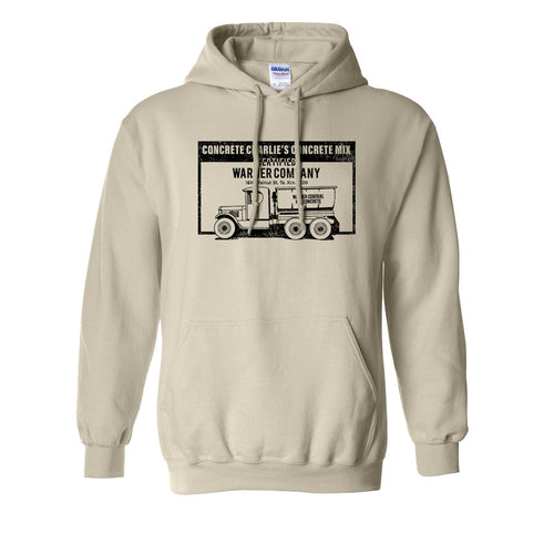 Concrete Charlie's Pullover Hoodie | Chuck Bednarik's Concrete Mix Natural Pull Over Hoodie the front of this hoodie has the concrete company