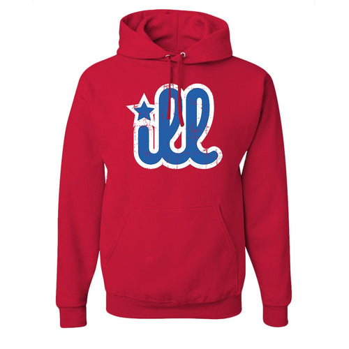 ILL Logo Pullover Hoodie | ILL Logo Red Pull Over Hoodie the front of this hoodie has the blue and white ill design