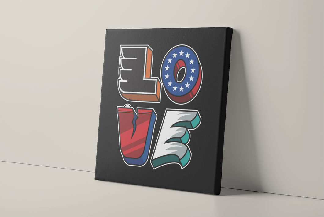 Love Philly Teams Canvas | Philadelphia Sports Teams Love Sign Black Wall Canvas this canvas has the love statue with every letter representing a Philly sports team