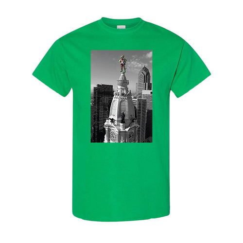 Jason Kelce City Hall T-Shirt | Kelce City Hall Statue Kelly Green T-Shirt the front of this t-shirt has jason kelce on top of city hall