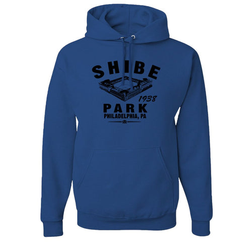 Shibe Park Retro Pullover Hoodie | Shibe Park Vintage Royal Blue Pull Over Hoodie the front of this pullover hoodie has shibe park on the front in blue
