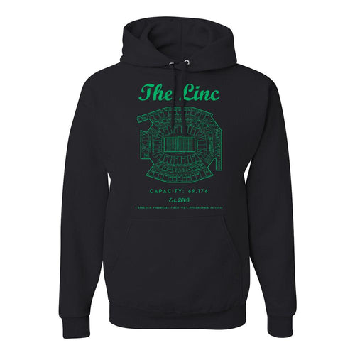 The Linc Seating Chart Pullover Hoodie | The Linc Seat Map Black Pullover Hoodie the front of this hoodie has the linc seating chart