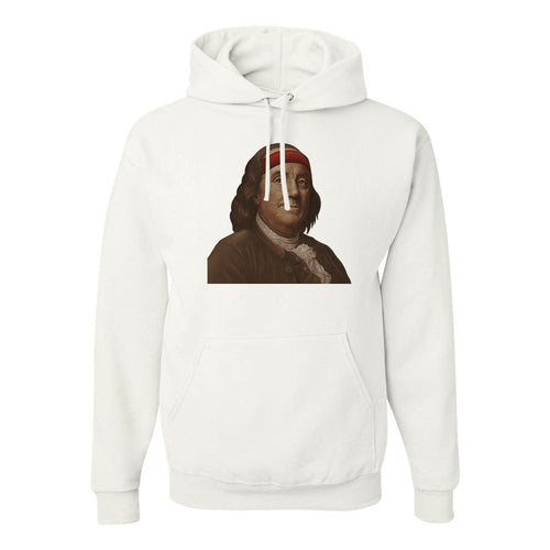 Ben Franklin Sweatband Pullover Hoodie | Ben Franklin Sweat Band White Pull Over Hoodie the front of this hoodie has ben franklin with a sweatband on