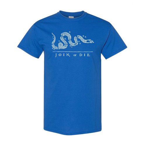 Join Or Die T-Shirt | Join Or Die Royal Blue T-Shirt the front of this join or die shirt has the join or die political cartoon on it
