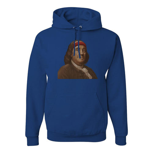 Ben Franklin Sweatband Pullover Hoodie | Ben Franklin Sweat Band Royal Blue Pull Over Hoodie the front of this hoodie has ben franklin with the sweatband on