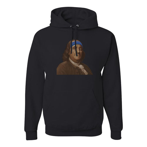 Ben Franklin Sweatband Pullover Hoodie | Ben Franklin Sweat Band Black Pull Over Hoodie the front of this hoodie has ben franklin with a sweatband