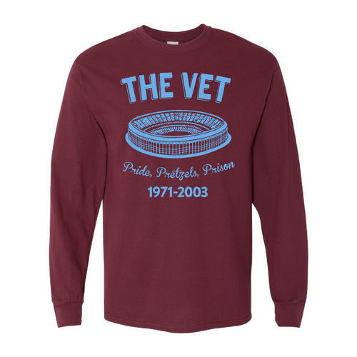 The Vet Pride, Pretzels, Prison Long Sleeve T-Shirt | Veterans Stadium Maroon Longsleeve Tee Shirt