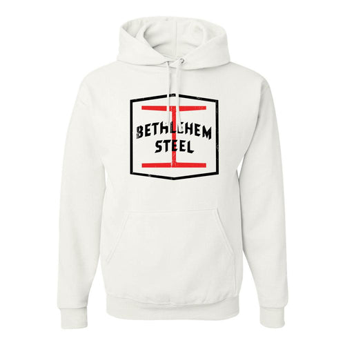 Bethlehem Steel Distressed Pullover Hoodie | Bethlehem Steel White Pull Over Hoodie the front of this hoodie has the steel logo on it
