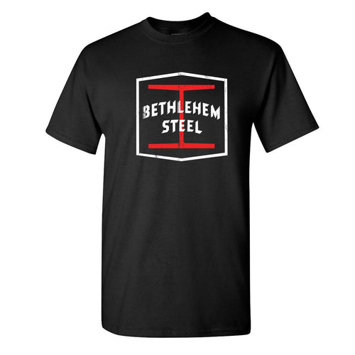 Bethlehem Steel Distressed T-Shirt | Bethlehem Steel Black T-Shirt the front of this logo has the bethlehem steel logo