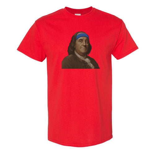 Ben Franklin Sweatband T-Shirt | Ben Franklin Sweat Band Red T-Shirt the front of this t-shirt has ben franklin with a sweatband on