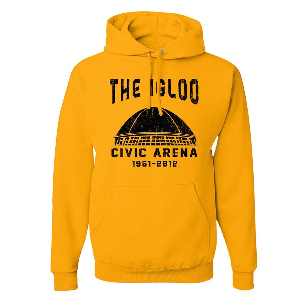 Civic Arena Pullover Hoodie | The Igloo Civic Arena Gold Pull Over Hoodie the front of this hoodie has the igloo stadium on it