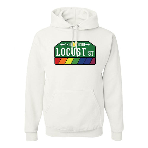 Locust Street Pullover Hoodie | Locust Street White Pull Over Hoodie the front of this hoodie has the locust street sign
