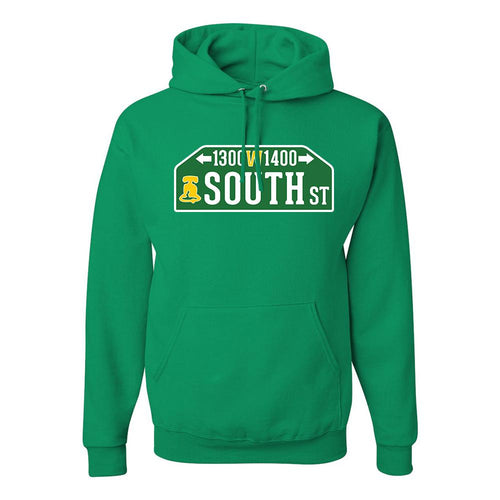 South Street Pullover Hoodie | South Street Kelly Green Pull Over Hoodie the front of this hoodie has the south street sign