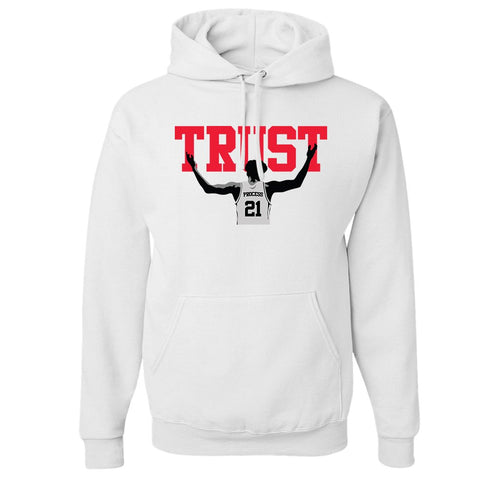 Trust The Process Pullover Hoodie | The Process White Pull Over Hoodie the trust hoodie has the word trust on the front and embiid below it