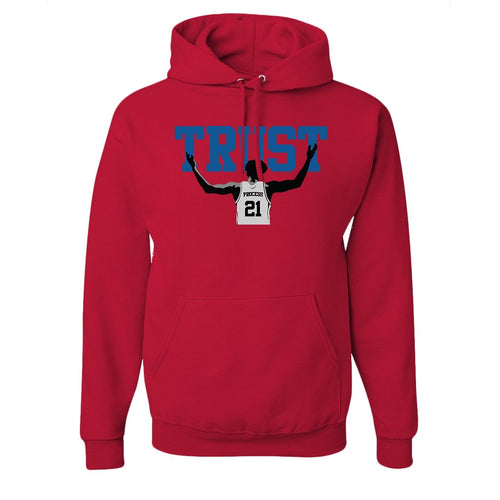 Trust The Process Pullover Hoodie | The Process Red Pull Over Hoodie the front of this hoodie has the word trust and embiid below it