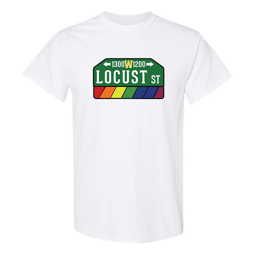 Locust Street T-Shirt | Locust Street White T-Shirt the front of this shirt has the locust street sign on it
