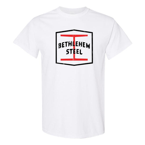 Bethlehem Steel Distressed T-Shirt | Bethlehem Steel White T-Shirt the front of this shirt has the steel logo on it