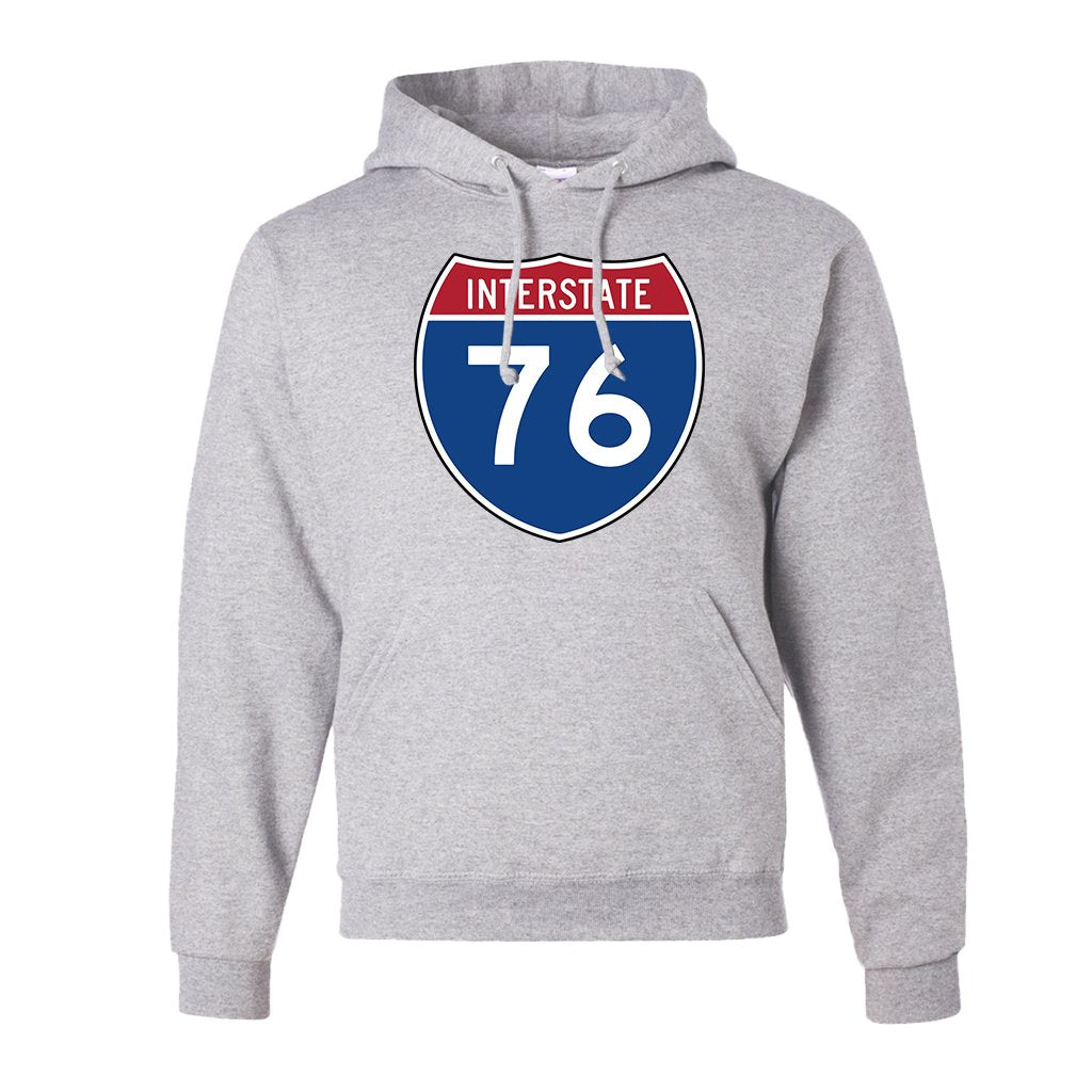 Interstate 76 Pullover Hoodie | Interstate 76 Ash Pull Over Hoodie the front of this hoodie has the interstate 76 logo
