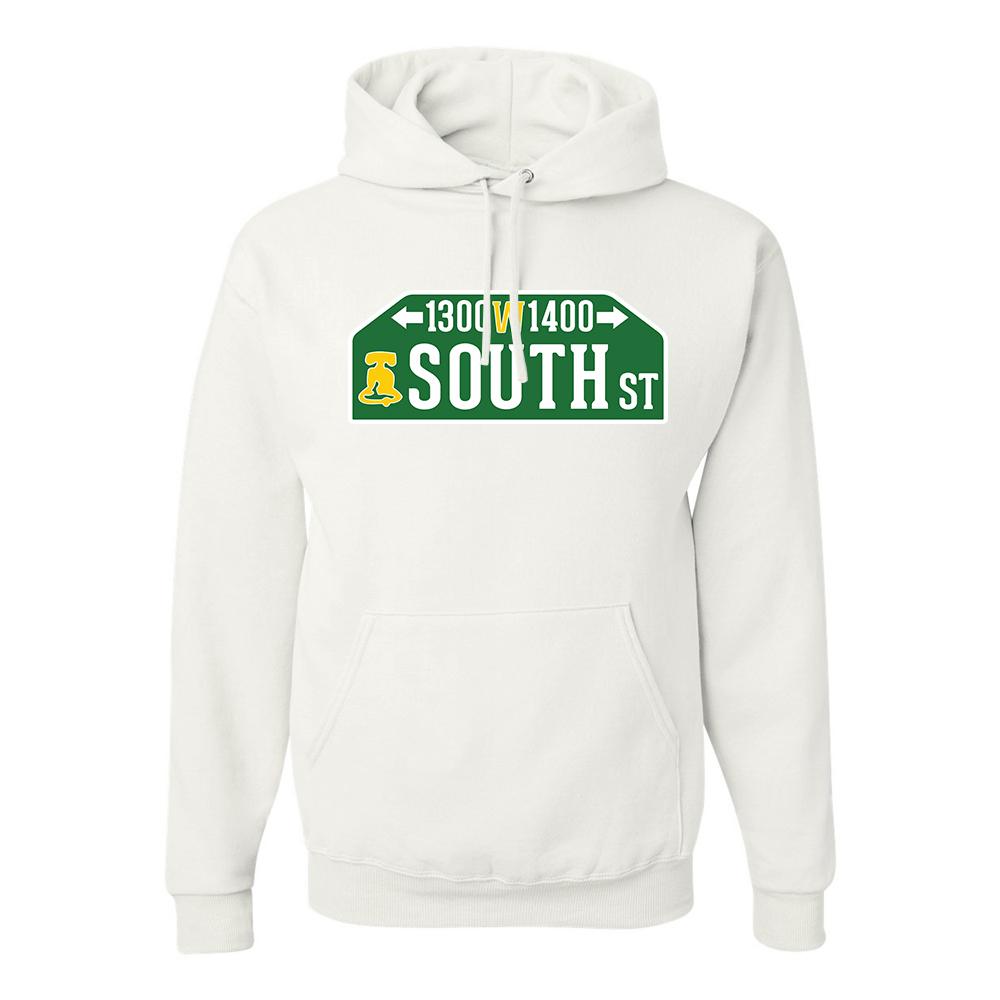 South Street Pullover Hoodie | South Street White Pull Over Hoodie the front of this hoodie has the south street sign