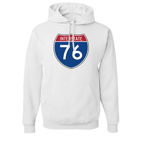 Interstate 76 Pullover Hoodie | Interstate 76 White Pull Over Hoodie the front of this hoodie has the interstate 76 sign