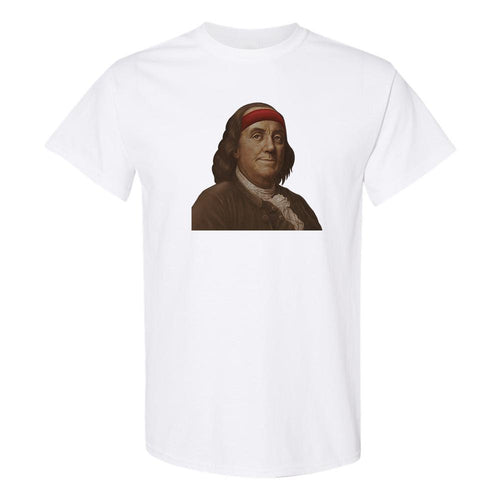 Ben Franklin Sweatband T-Shirt | Ben Franklin Sweat Band White T-Shirt the front of this t-shirt has ben franklin with a sweatband on