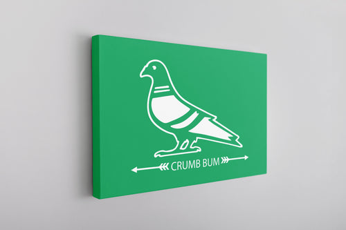 Crumb Bum Pigeon Canvas | Crumb Bum Pigeon Kelly Green Wall Canvas the front of this canvas has the pigeon crumb bum design