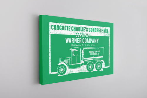 Concrete Charlie's Canvas | Chuck Bednarik's Concrete Mix Kelly Green Wall Canvas this canvas is a picture of concrete charlies concrete company