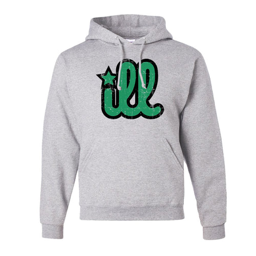 ILL Logo Pullover Hoodie | ILL Logo Ash Pull Over Hoodie the front of this hoodie has the green and black ill design
