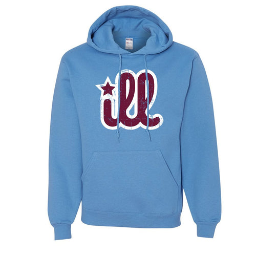 ILL Logo Pullover Hoodie | ILL Logo Carolina Blue Pull Over Hoodie the front of this hoodie has the maroon and white design on it