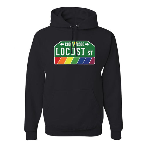 Locust Street Pullover Hoodie | Locust Street Black Pull Over Hoodie the front of this hoodie has the locust street sign