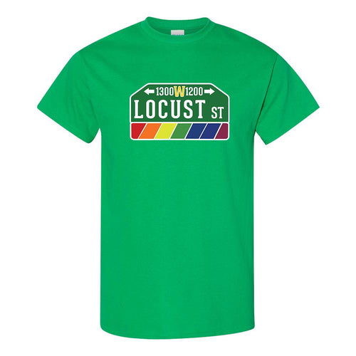 Locust Street T-Shirt | Locust Street Kelly Green T-Shirt the front of this t-shirt has the locust street sign