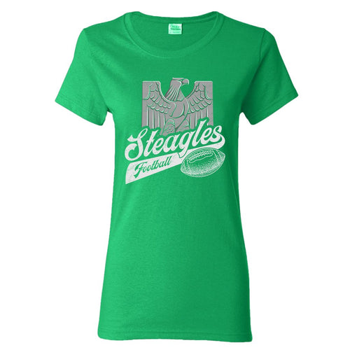 Steagles Retro Women's T-Shirt | Phil-Pitt Steagles Kelly Green Women's Tee Shirt the front of this womens t-shirt has the steagles design