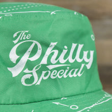Load image into Gallery viewer, The Philly Special Wordmark on the Philly Special Championship Game All Over Print Wide Brim Bucket Hat | Green Bucket Hat
