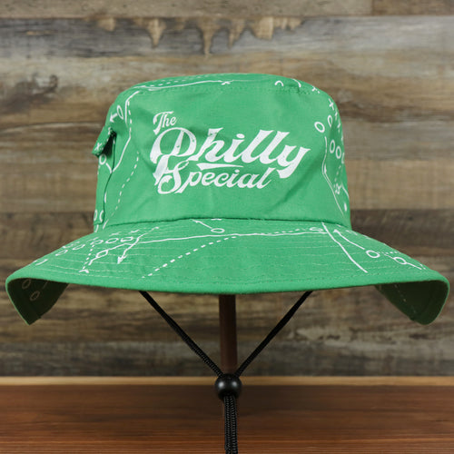 The front of the Philly Special Championship Game All Over Print Wide Brim Bucket Hat | Green Bucket Hat