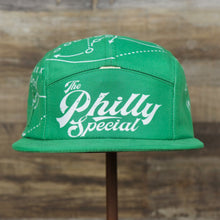 Load image into Gallery viewer, The front of the Philly Special Championship Game All Over Print Five Panel Strapback Hat | Green Strapback
