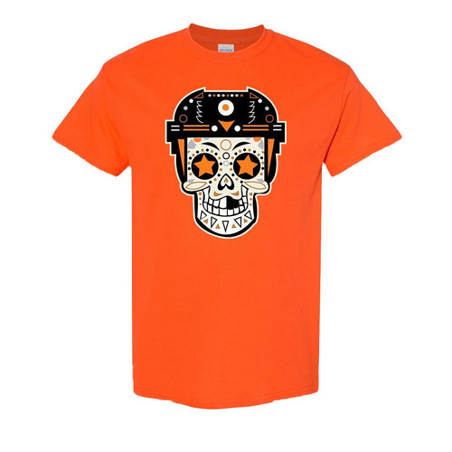 Broad Street Bullies Skull T-Shirt | Broad Street Bullies Candy Skull Orange Tee Shirt the front of this shirt has the bullies skull logo