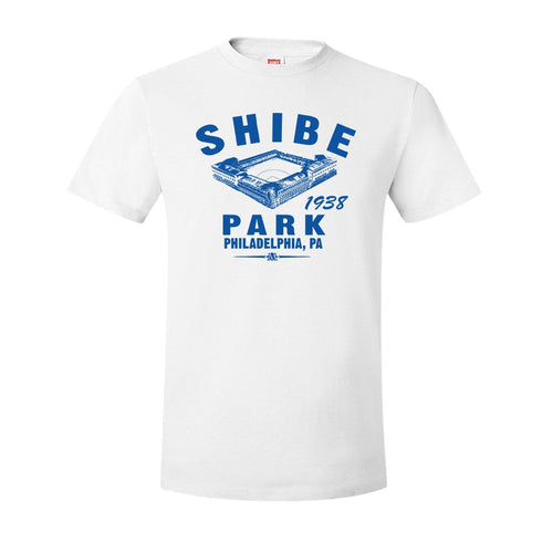Shibe Park Retro T-Shirt | Shibe Park Vintage Royal Blue T-Shirt the front of this shibe park shirt has the stadium and text in blue along with the year that the Baseball joined the stadium