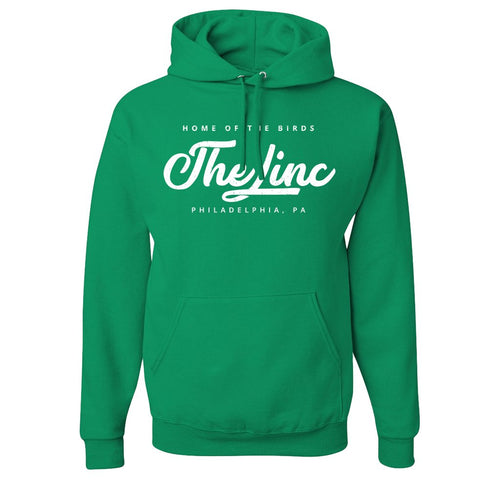 The Linc Home of the Birds Pullover Hoodie | The Linc Home of the Birds Kelly Green Pullover Hoodie the front of this shirt says the linc home of the birds
