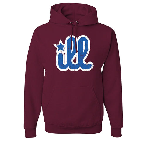 ILL Logo Pullover Hoodie | ILL Logo Maroon Pull Over Hoodie the front of this hoodie has the blue and white design
